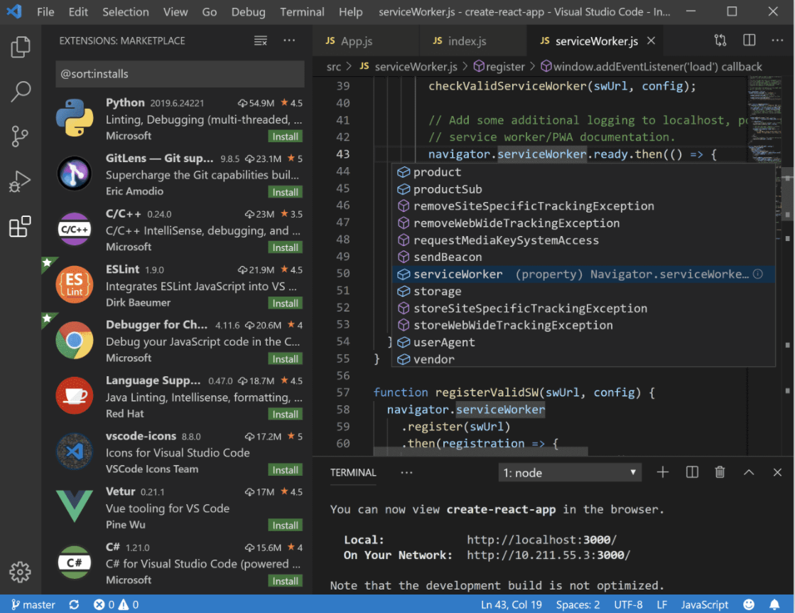 Screenshot of the VS Code development environment