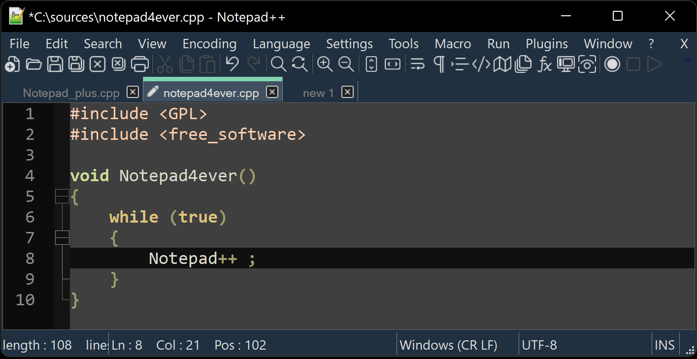 Screenshot of Notepad++ editor