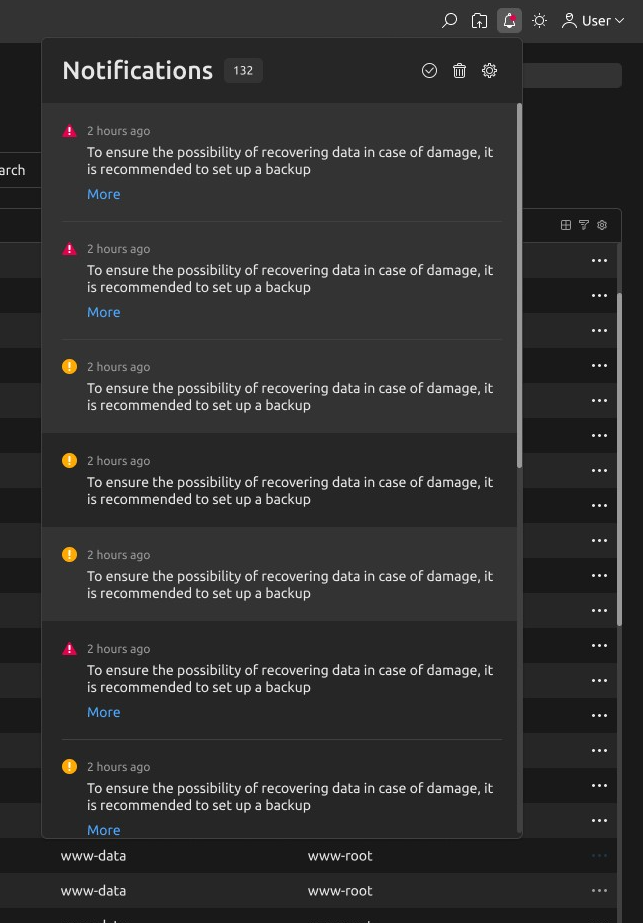 Notification Center in the ispmanager interface. The panel shows the messages on the page and saves them in a separate window. Messages can be viewed from any section of the panel. Viewed messages are saved, and can be pulled up any time.