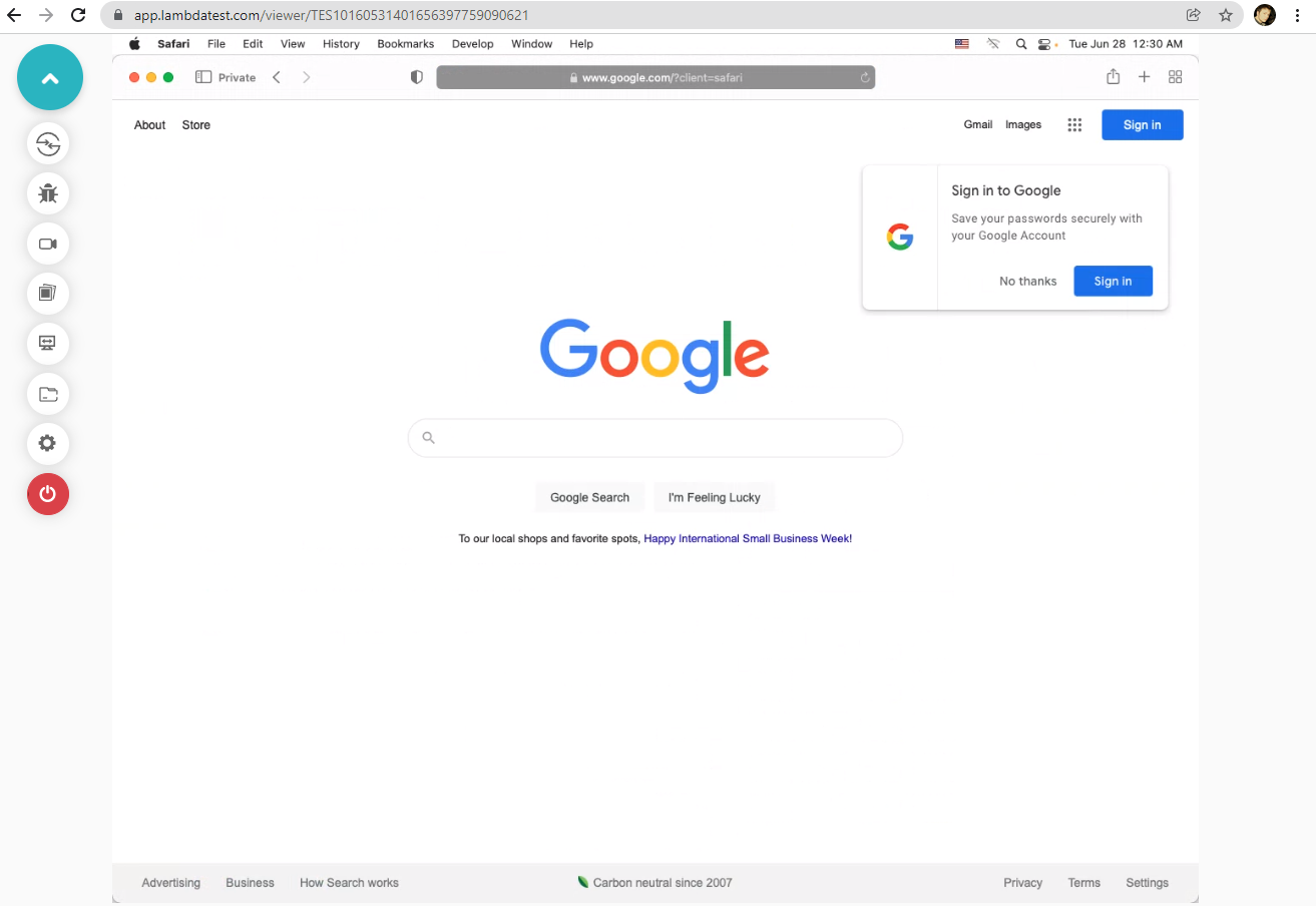LambdaTest demo, the website is opened in Safari mode on MacOS