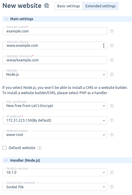 Node.js handler settings on website in ispmanager
